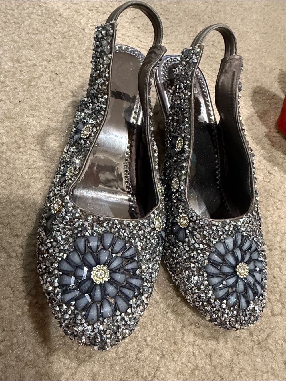 Embellished girls Gray Slingback Flats with Floral Crystal Accent size 1
